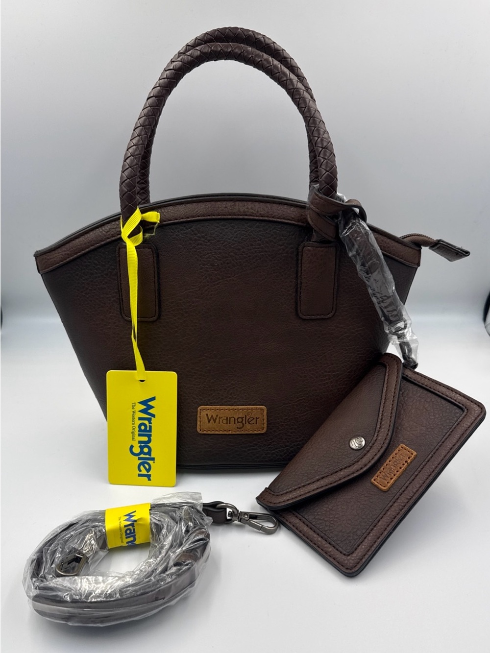 Wrangler Dark Brown Faux Leather Satchel with Matching Wallet